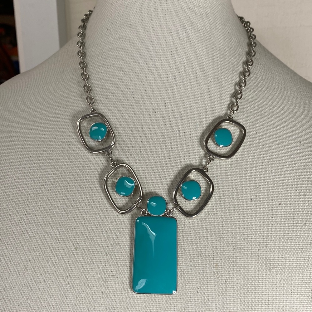 Modern teal blue abstract silvertone necklace